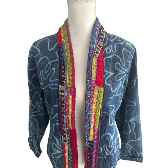 CHICOS Denim Patterned Multicolor Trim Jacket Blazer Size Chicos 1 US M 8 - Picture 3 of 7